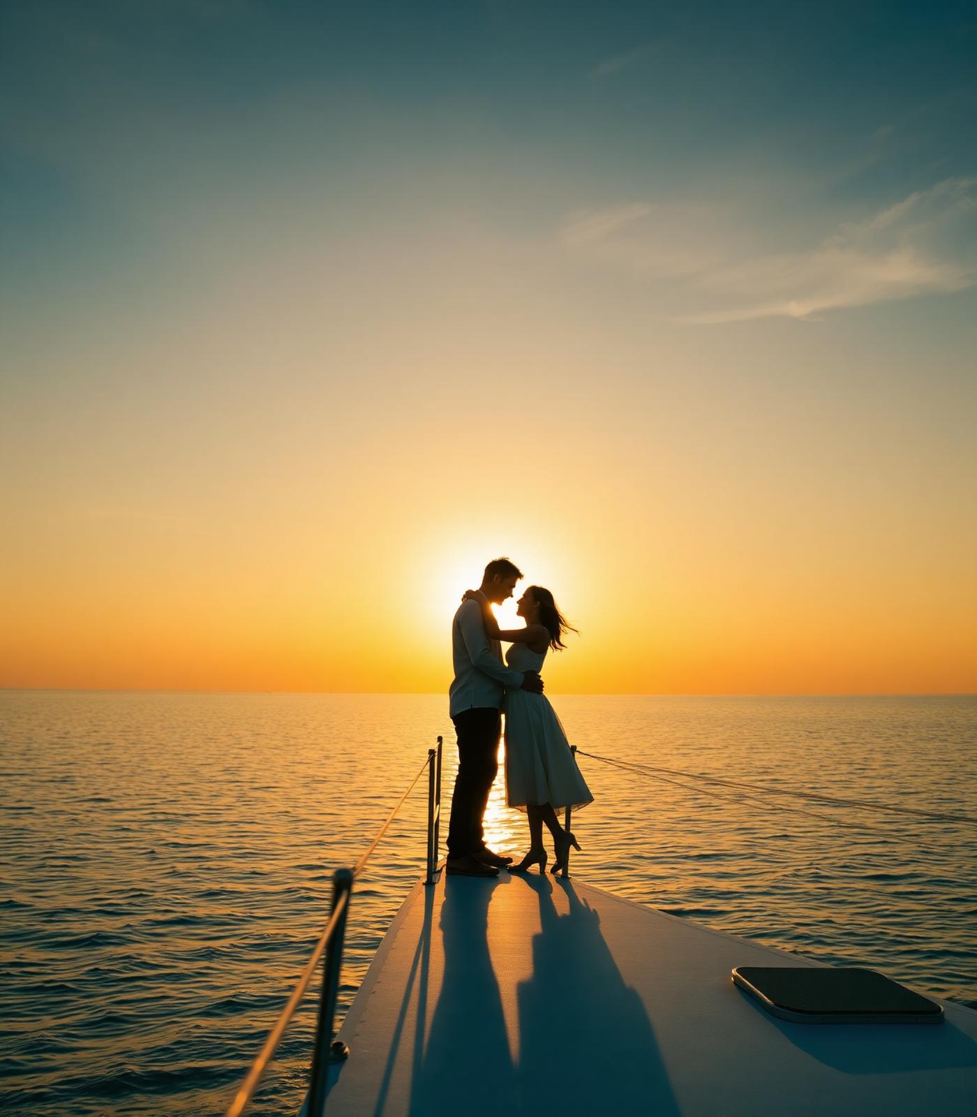 Pareja en la proa al atardecer